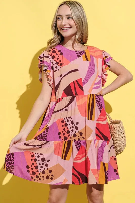 Image of And The Why Printed Double Ruffles Sleeve Dress | Queeble.shop