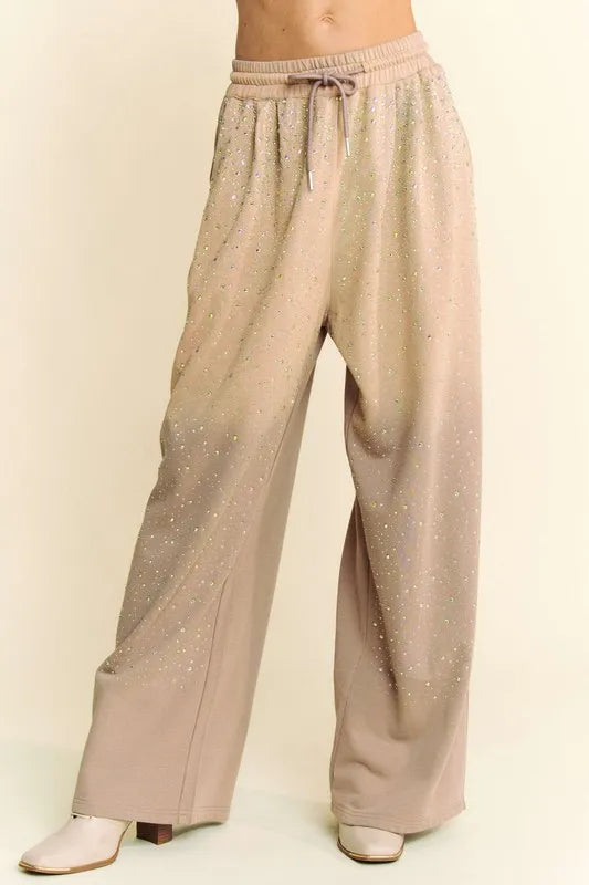 Image of Davi & Dani Rhinestone Drawstring Wide Leg Pants | Queeble.shop