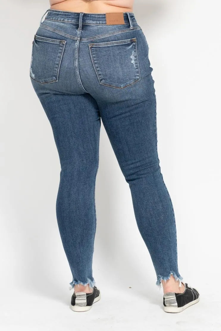 Image of Judy Blue Plus Size High Waist Skinny with Destroy & Shark Bit Hem | Queeble.shop