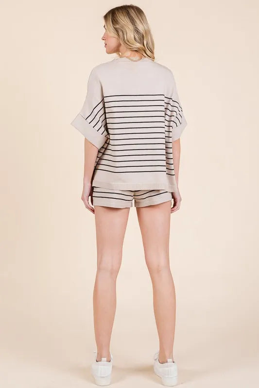 Image of Lime 'N' Chili Striped Folded Half Sleeve Top and Shorts Set | Queeble.shop