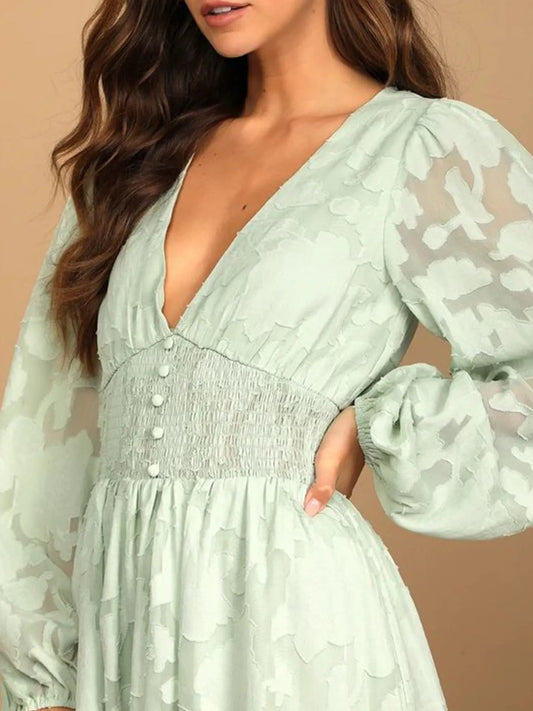 Image of Smocked V-Neck Balloon Sleeve Dress | Queeble.shop