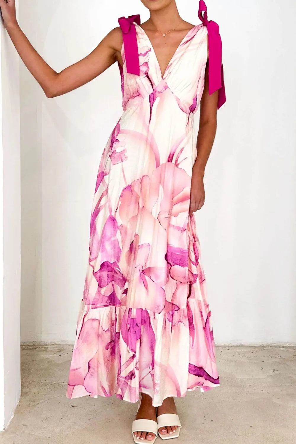 Image of Printed V-Neck Tie Shoulder Midi Cami Dress | Queeble.shop