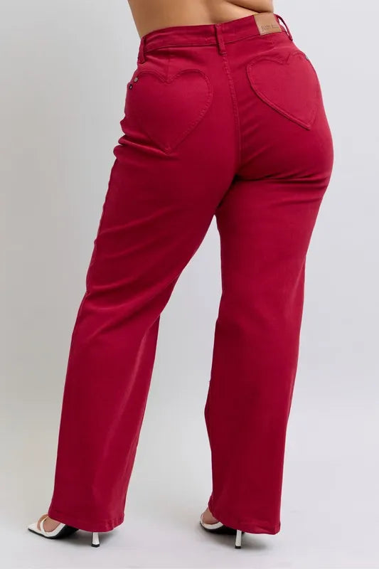 Image of Judy Blue Full Size High Waist Heart Shaped Back Pockets 90's Straight Jeans Plus Size | Queeble.shop