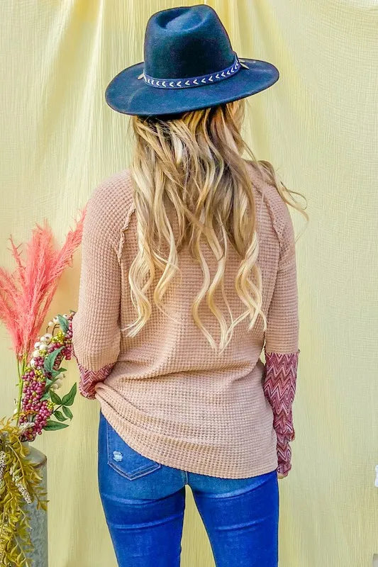 Image of And The Why Button Detail Printed Sleeve Waffle Knit Top | Queeble.shop