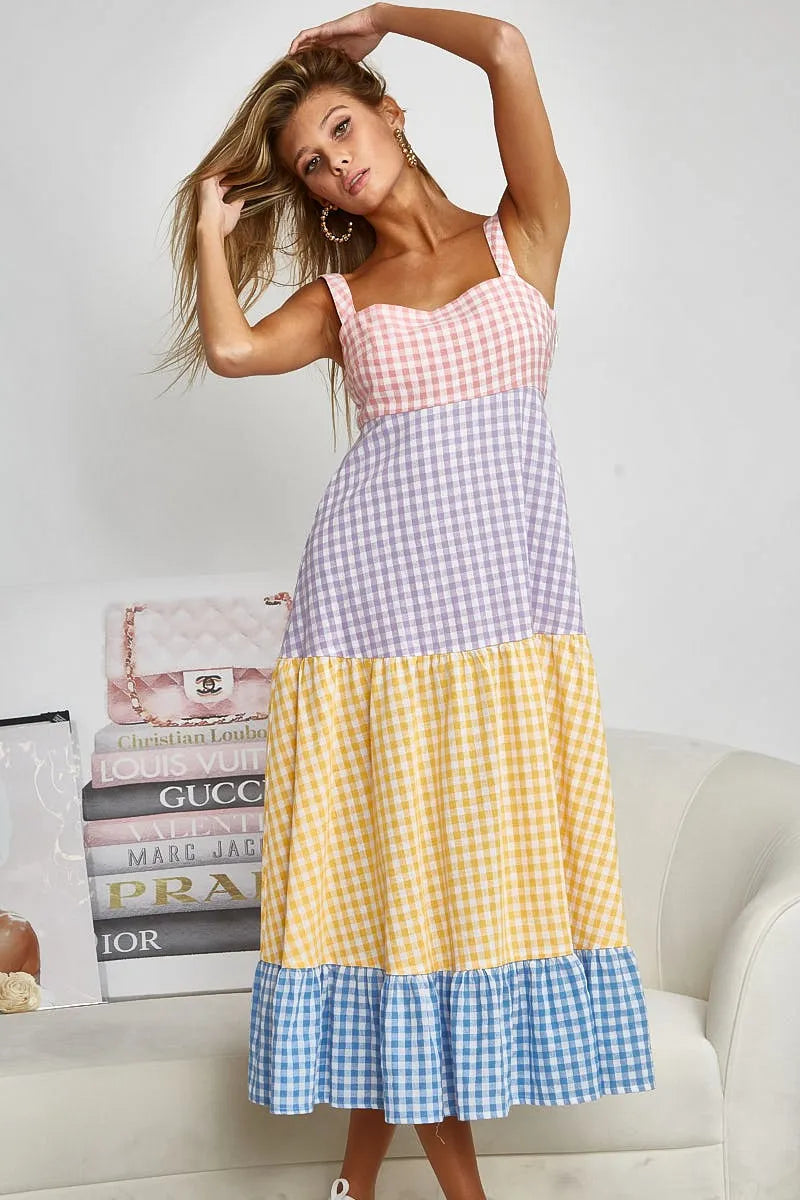 Image of BiBi Color Block Tiered Gingham Dress | Queeble.shop