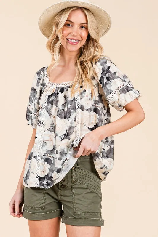 Image of Lime 'N' Chili Floral Print Lace Trim Puff Sleeve Blouse | Queeble.shop