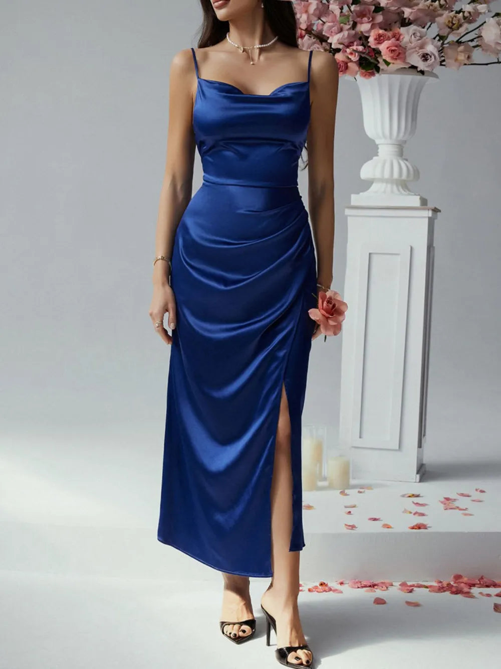 Image of Devine Slit Ruched Maxi Cami Dress | Queeble.shop