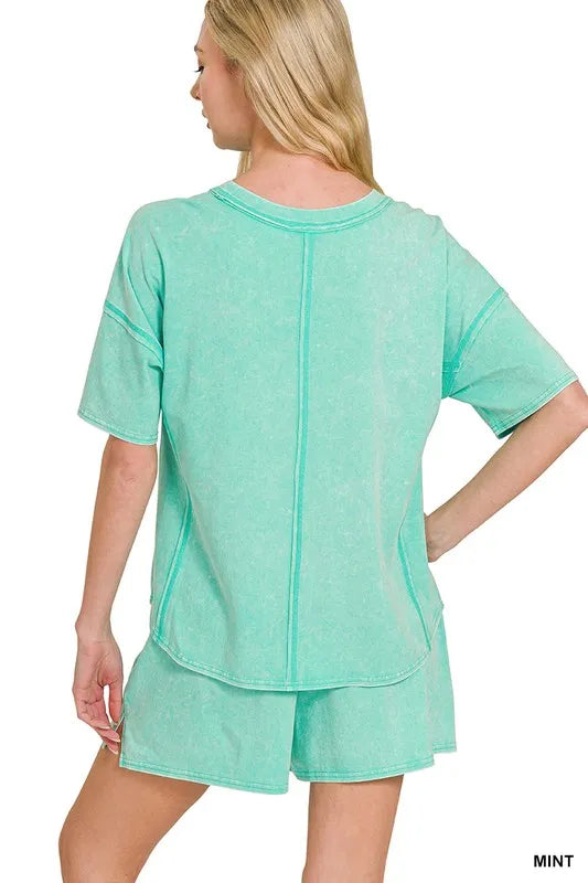 Image of Zenana Acid Washed Short Sleeve Tee & Shorts Set | Queeble.shop