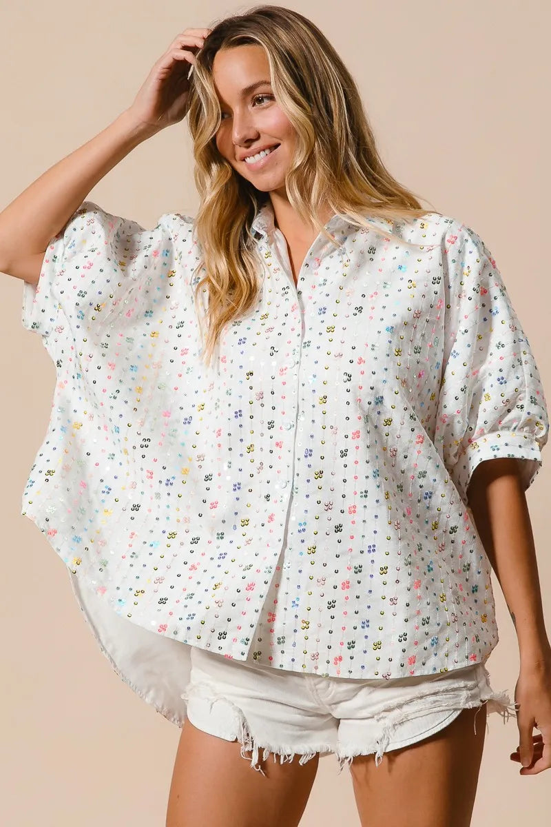 Image of BiBi Sequin Striped Short Dolman Sleeve Blouse | Queeble.shop