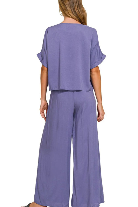 Image of Zenana Round Neck T-Shirt and Wide Leg Pants Set | Queeble.shop