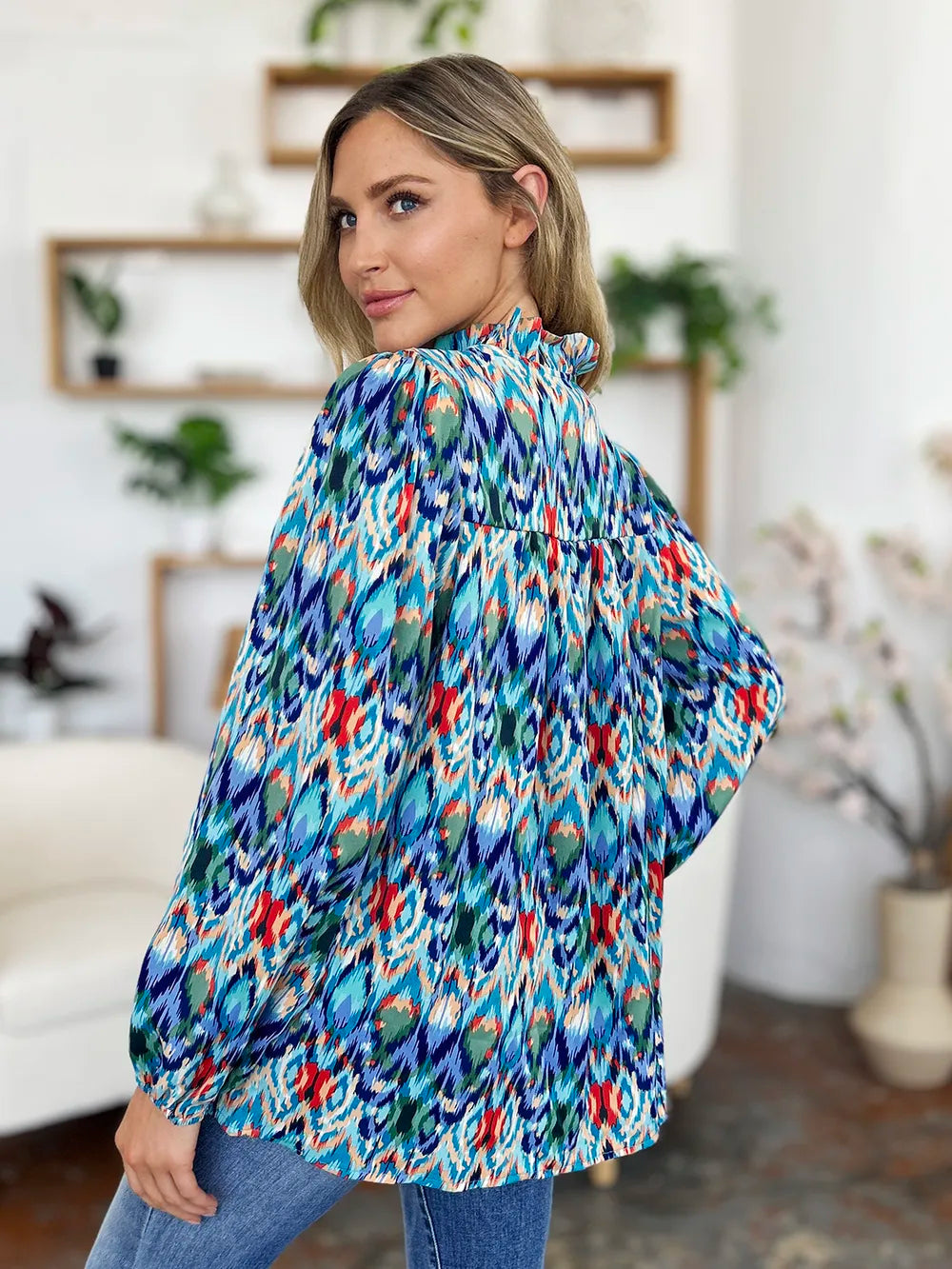 Image of Double Take Full Size Printed Balloon Sleeve Blouse | Queeble.shop
