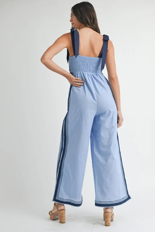 Image of MABLE Linen Mix Chevron Sail Shoulder Strap Jumpsuit | Queeble.shop