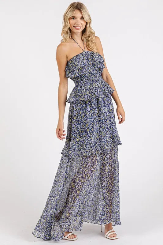 Image of Mittoshop Ruffled Smocked Floral Halter Neck Maxi Dress | Queeble.shop