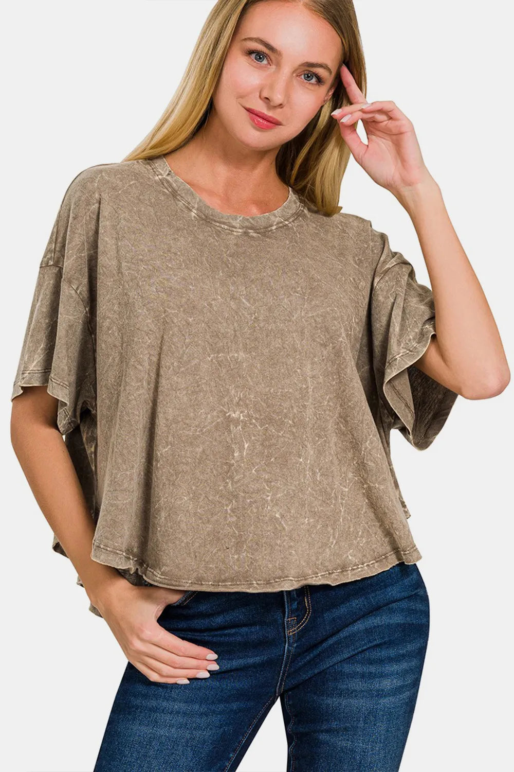 Image of Zenana Washed Round Neck Drop Shoulder Cropped T-Shirt | Queeble.shop