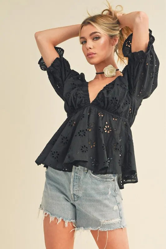 Image of Aemi + Co Eyelet Embroidered V-Neck Half Sleeve Peplum Blouse | Queeble.shop