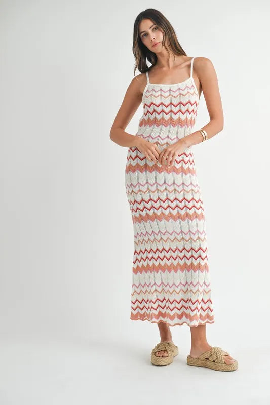 Image of MABLE Lightweight Pointelle Chevron Knit Maxi Dress | Queeble.shop