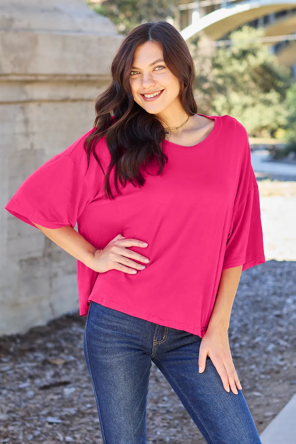 Image of Basic Bae Full Size Round Neck Drop Shoulder T-Shirt | Queeble.shop