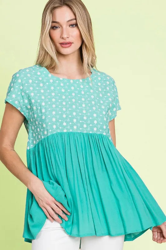 Image of Lime 'N' Chili Full Size Embroidered Short Sleeve Pleated Babydoll Top Plus Size | Queeble.shop