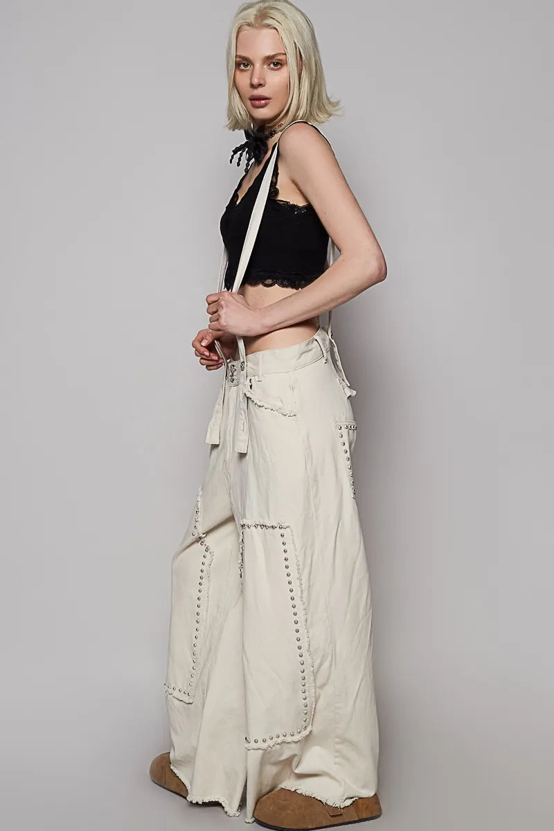 Image of POL Raw Hem Studded Knee Patches Cargo Overalls | Queeble.shop