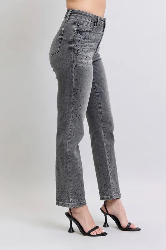Image of Judy Blue Full Size High Waist Rhinestone Straight Jeans Plus Size | Queeble.shop
