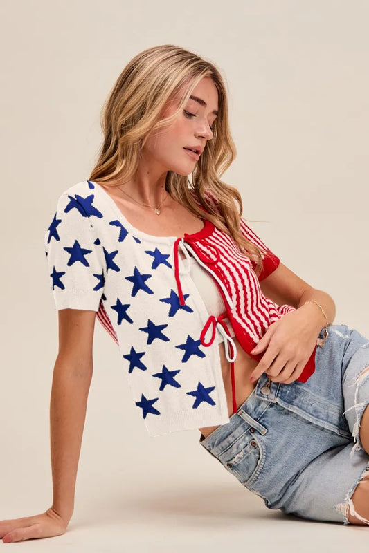 Image of SO ME Stars and Stripe Front Bow Tie Sweater Cardigan | Queeble.shop