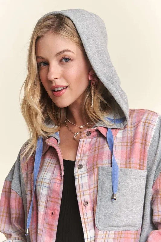 Image of ADORA Button Down Plaid Hoodie Shacket | Queeble.shop