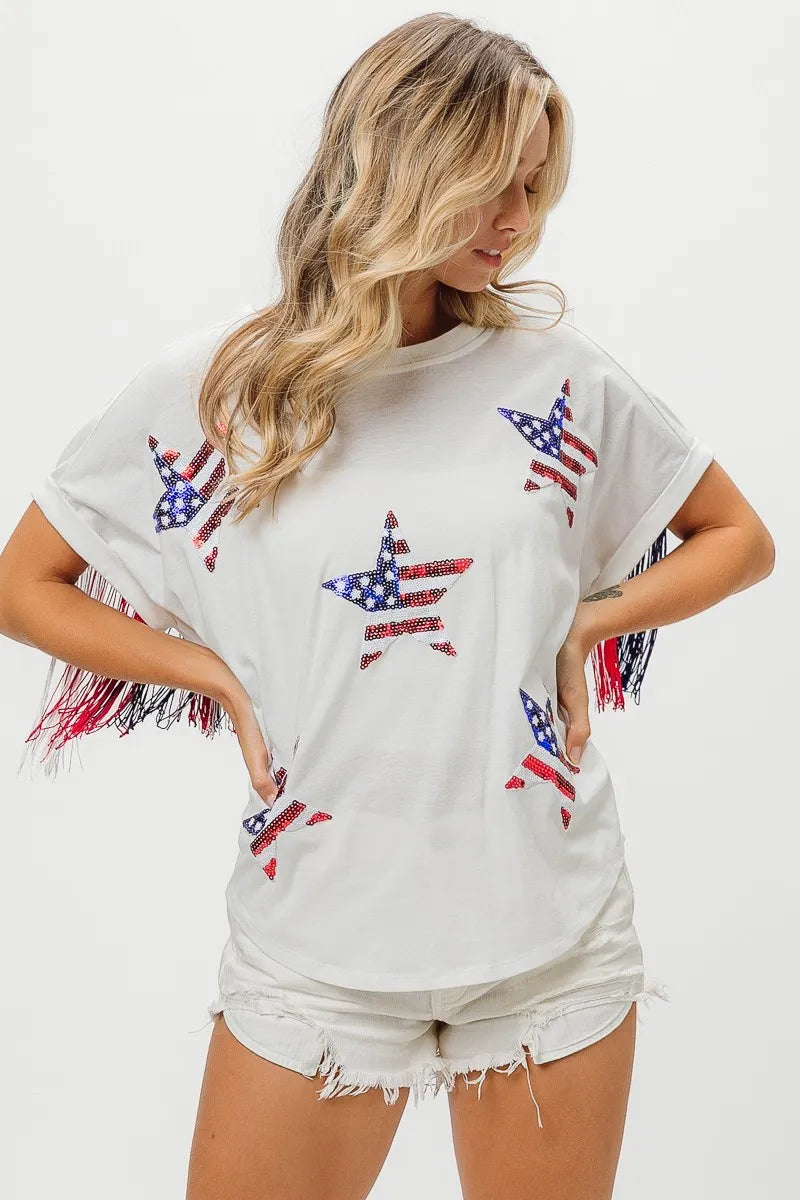 Image of BiBi American Flag Sequin Star Fringe Top | Queeble.shop