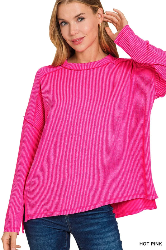 Image of Zenana Exposed Seam Long Sleeve Corded Rib Knit Top | Queeble.shop