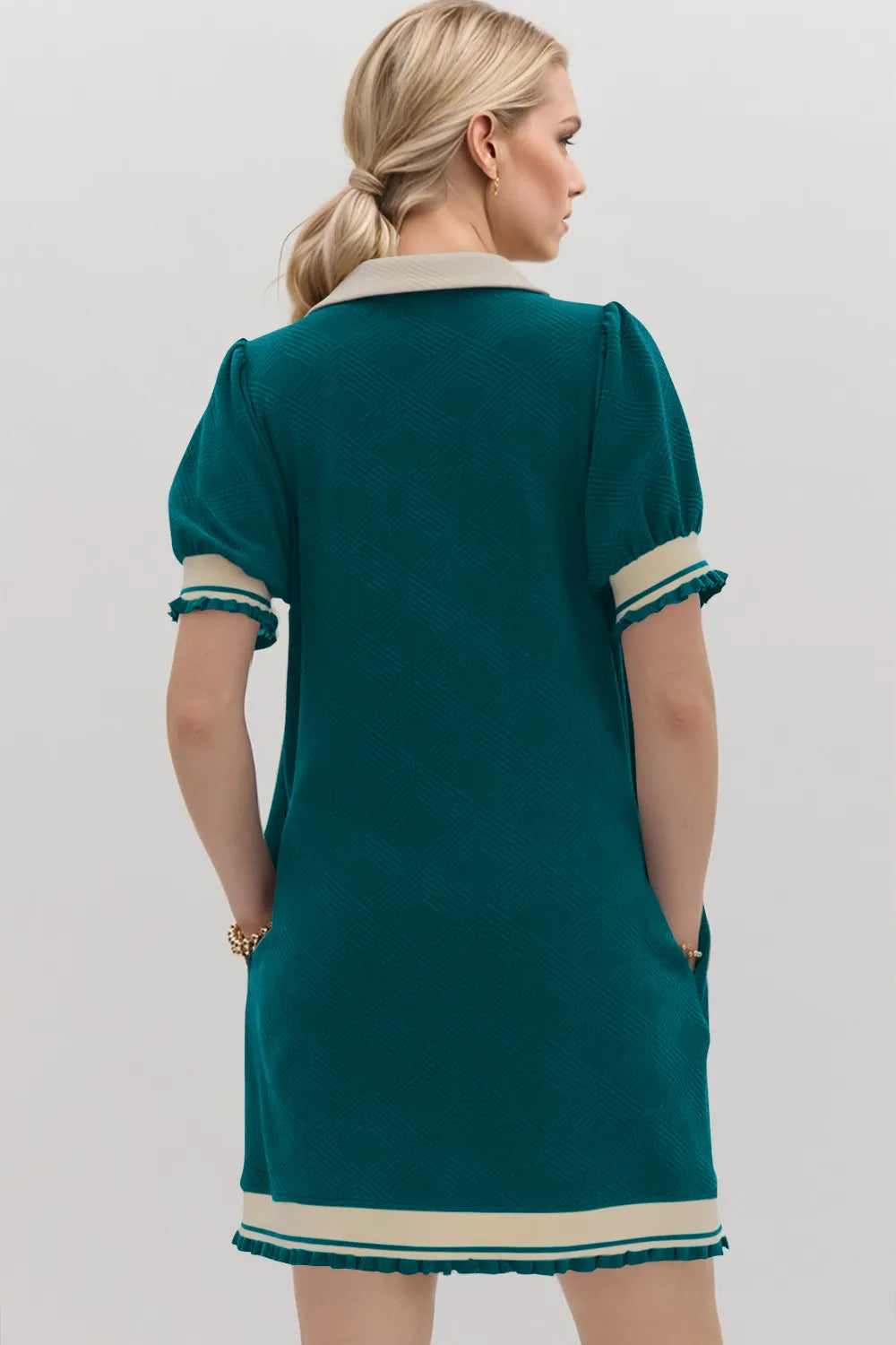Image of Oh Frill Contrast Trim Johnny Collar Short Sleeve Mini Dress | Queeble.shop