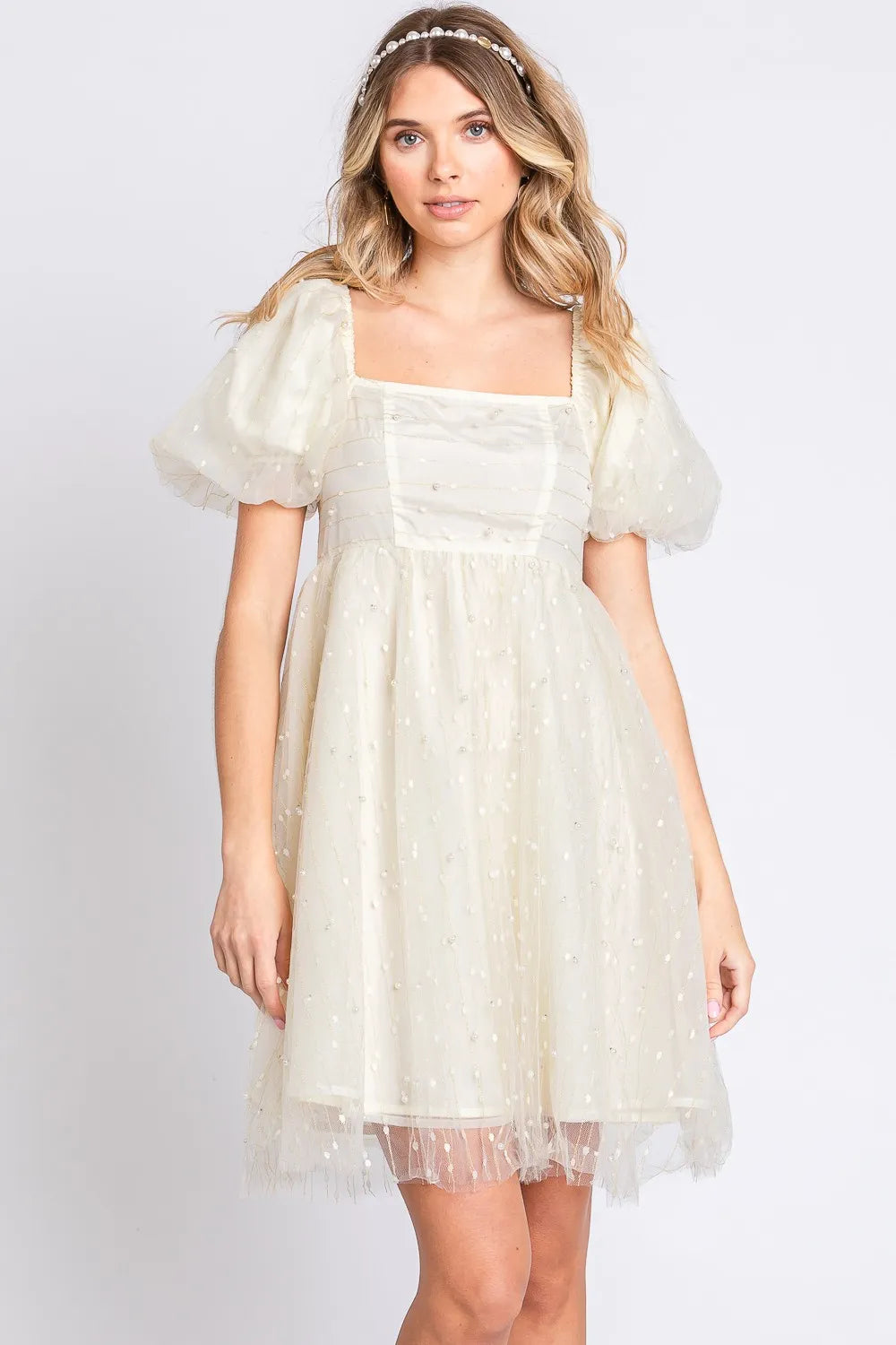 Image of GeeGee Pearl Mesh Puff Sleeve Babydoll Dress | Queeble.shop
