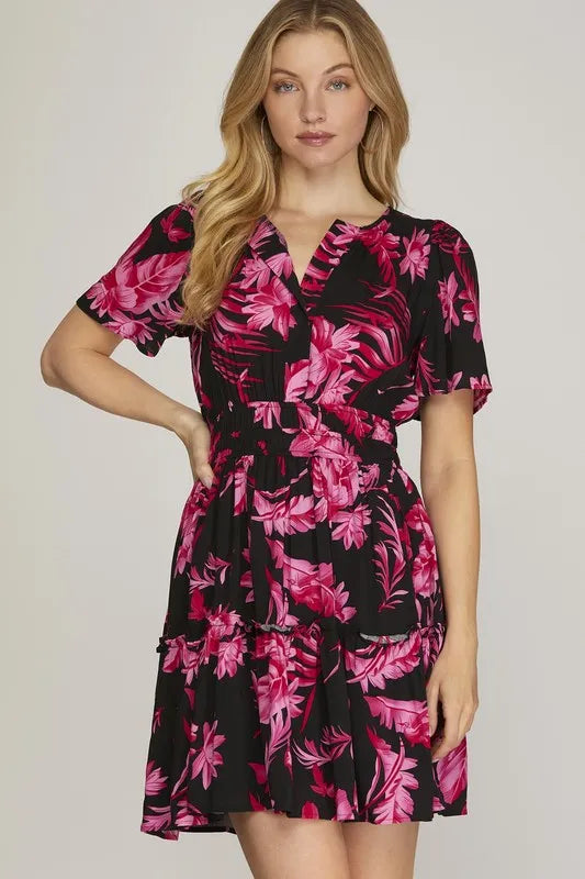 Image of She + Sky Full Size Printed Notched Short Sleeve Frill Tiered Dress Plus Size | Queeble.shop