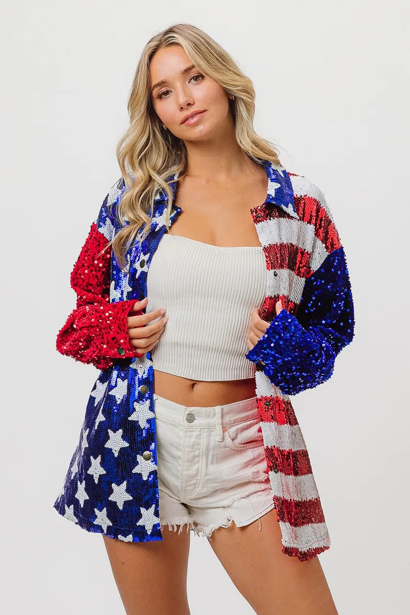 Image of BiBi Velvet Sequin American Flag Shirt | Queeble.shop