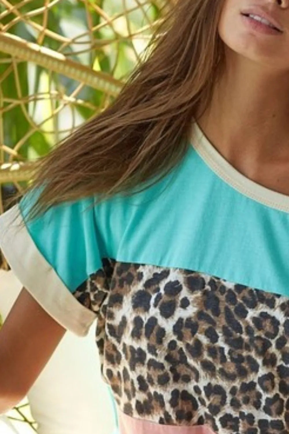 Image of BiBi Leopard Printed Jersey  Color Block Roll Up Top | Queeble.shop