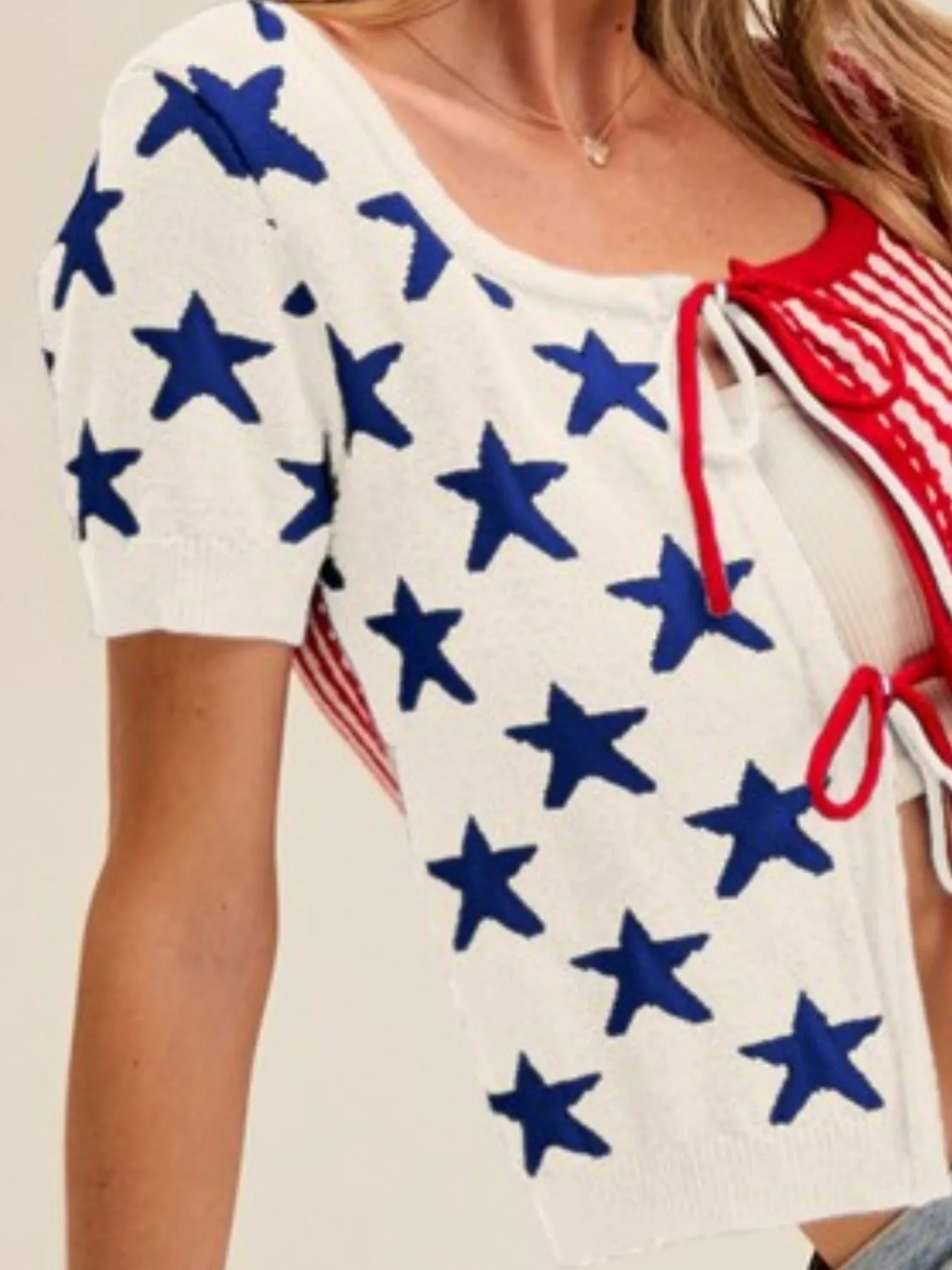Image of SO ME Stars and Stripe Front Bow Tie Sweater Cardigan | Queeble.shop