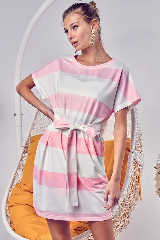 Image of BiBi Tie Front Striped Short Sleeve Dress | Queeble.shop