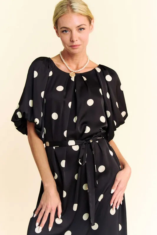 Image of Davi & Dani Polka Dot Puff Sleeves Waist Tie Midi Dress | Queeble.shop