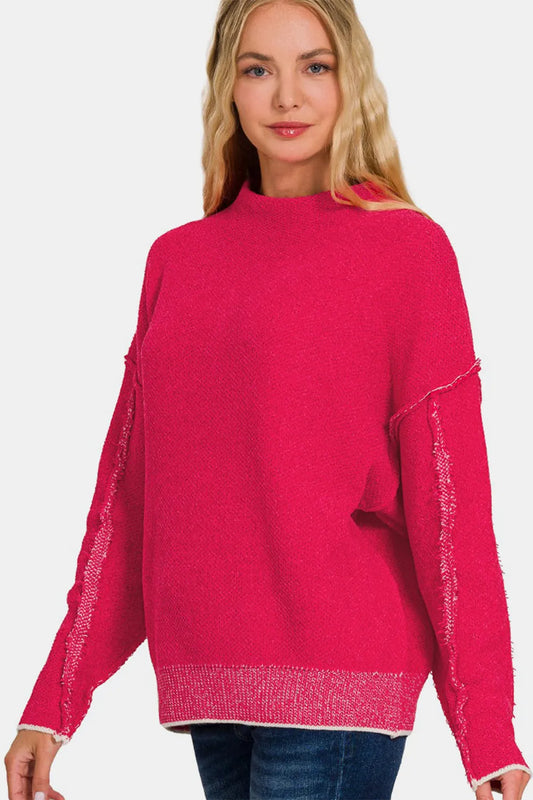 Image of Zenana Exposed Seam Mock Neck Long Sleeve Sweater | Queeble.shop