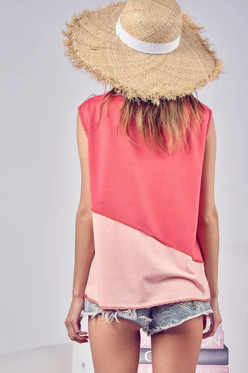 Image of BiBi Color Block Contrast Stitching Buttoned Henley Top | Queeble.shop