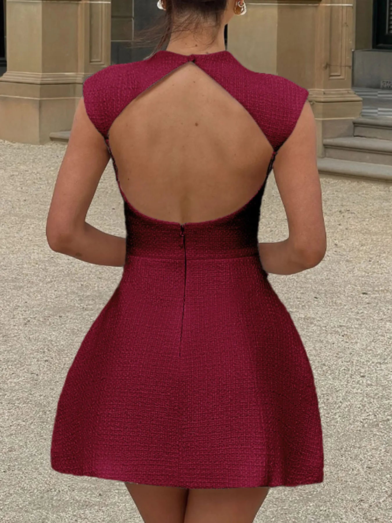 Image of Cutout Back Round Neck Cap Sleeve Mini Dress | Queeble.shop