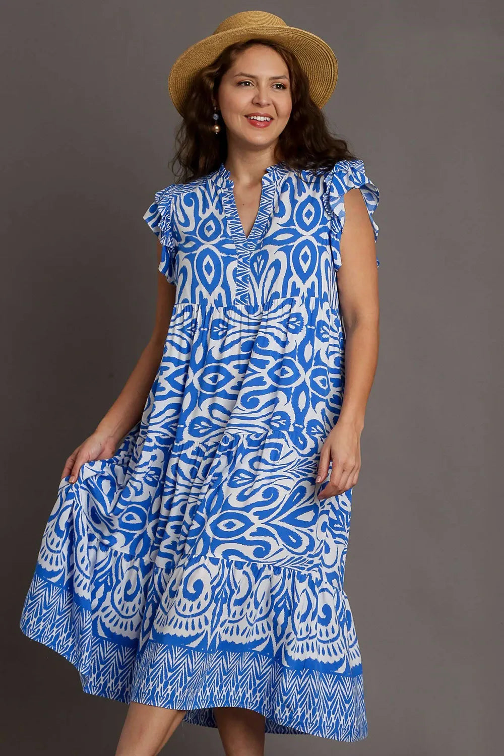 Image of Umgee Full Size Two Tone Border Print Ruffle Cap Sleeve Midi Dress Plus Size | Queeble.shop
