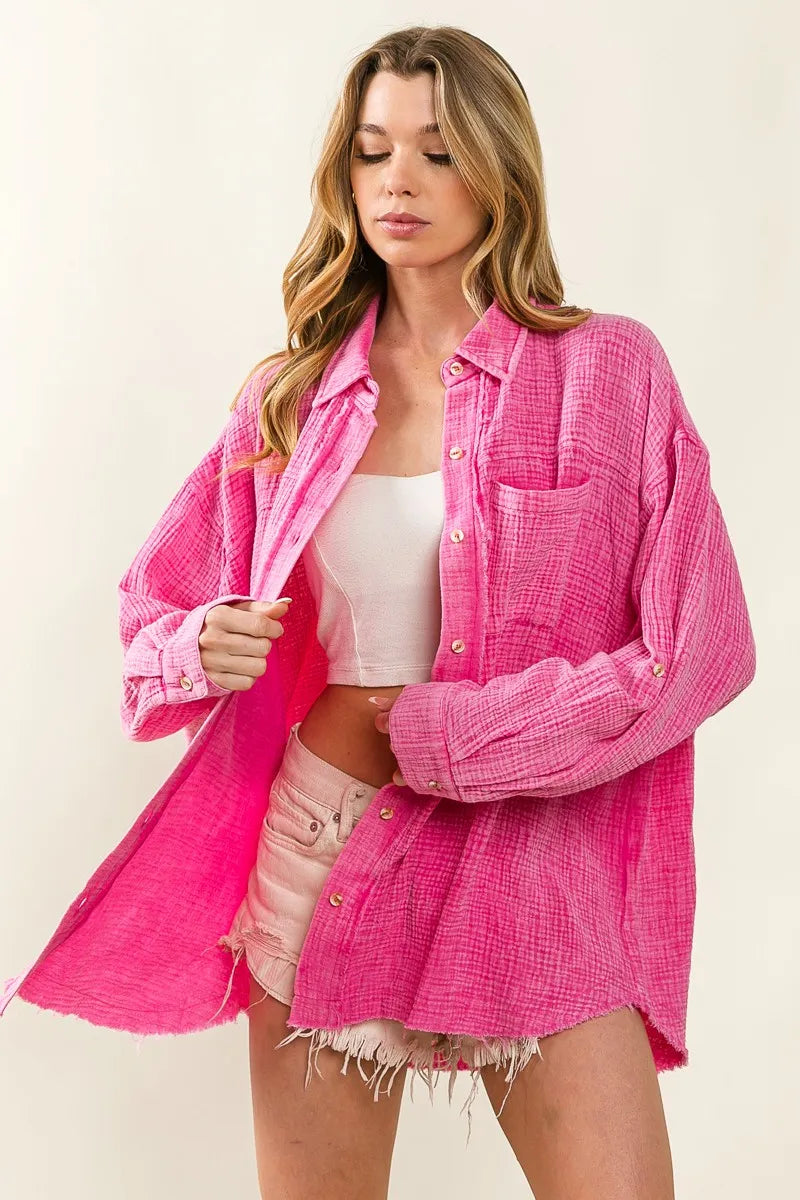 Image of BiBi Raw Edge Detailed Mineral Washed Loose Fit Shirt | Queeble.shop