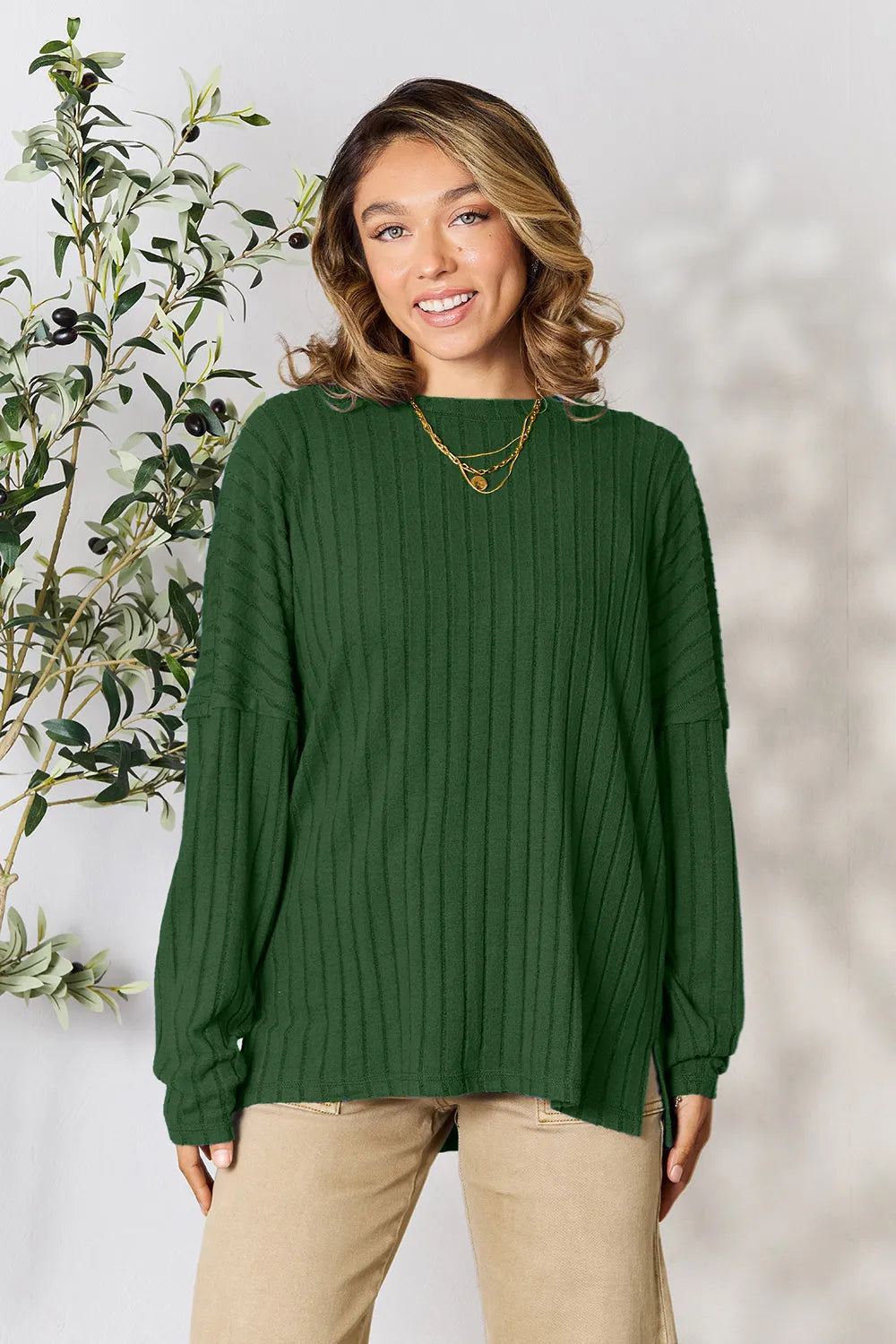 Image of Basic Bae Full Size Ribbed Round Neck Slit Knit Top | Queeble.shop