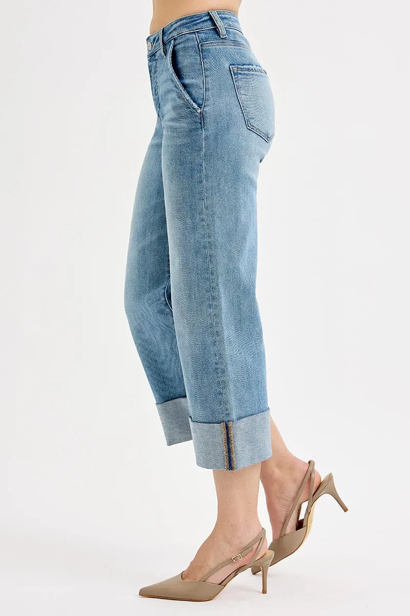 Image of RISEN Full Size Tummy Control High Rise Ankle Wide Cuffed Jeans Plus Size | Queeble.shop