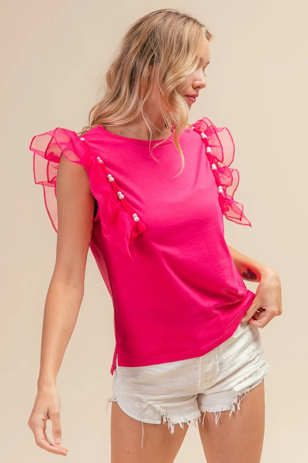 Image of BiBi Pearl Decor Mesh Ruffle Sleeve Top | Queeble.shop