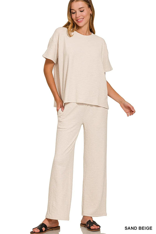 Image of Zenana Slub Short Sleeve T-Shirt and Pants Set | Queeble.shop