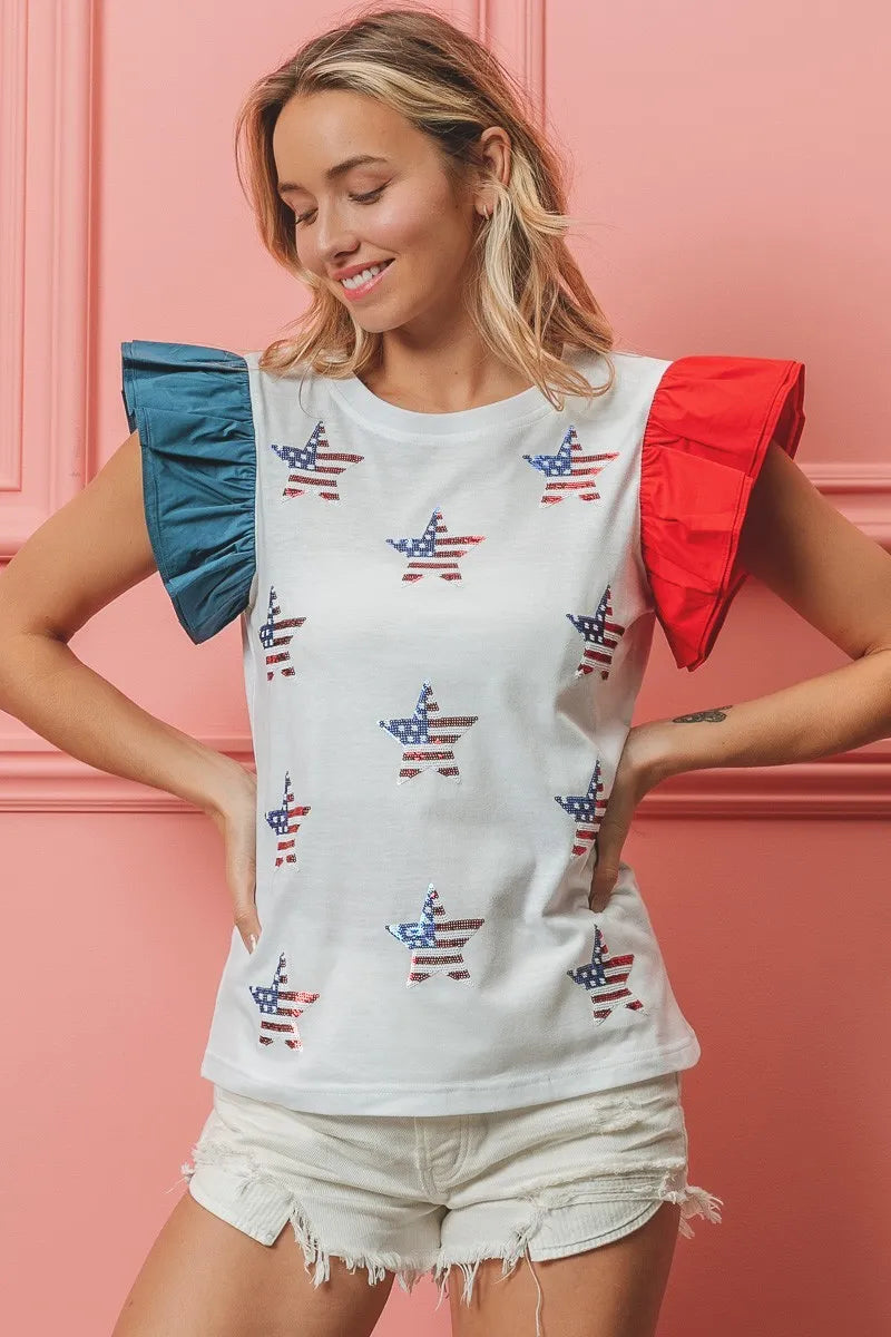 Image of BiBi American Flag Sequin Stars Top | Queeble.shop