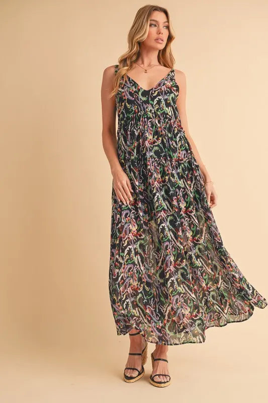 Image of Aemi + Co Printed V-Neck Frill Tiered Cami Dress | Queeble.shop