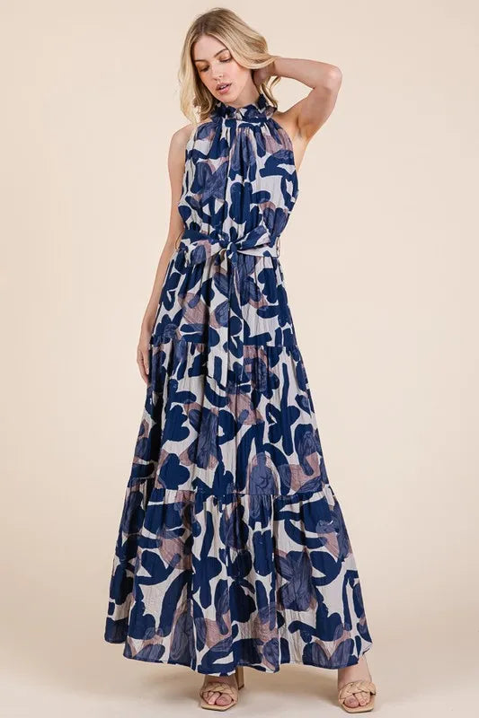 Image of Lime 'N' Chili Abstract Halter Neck Tie-Waist Tiered Maxi Dress | Queeble.shop