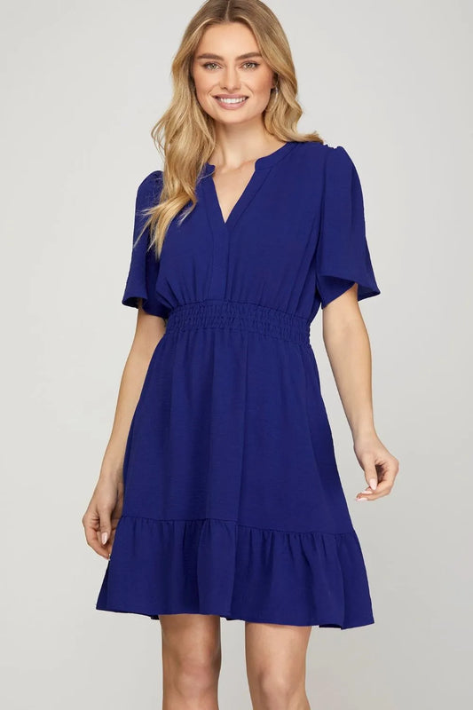 Image of She + Sky Ruffled Hem Notched Flutter Sleeve Mini Dress | Queeble.shop