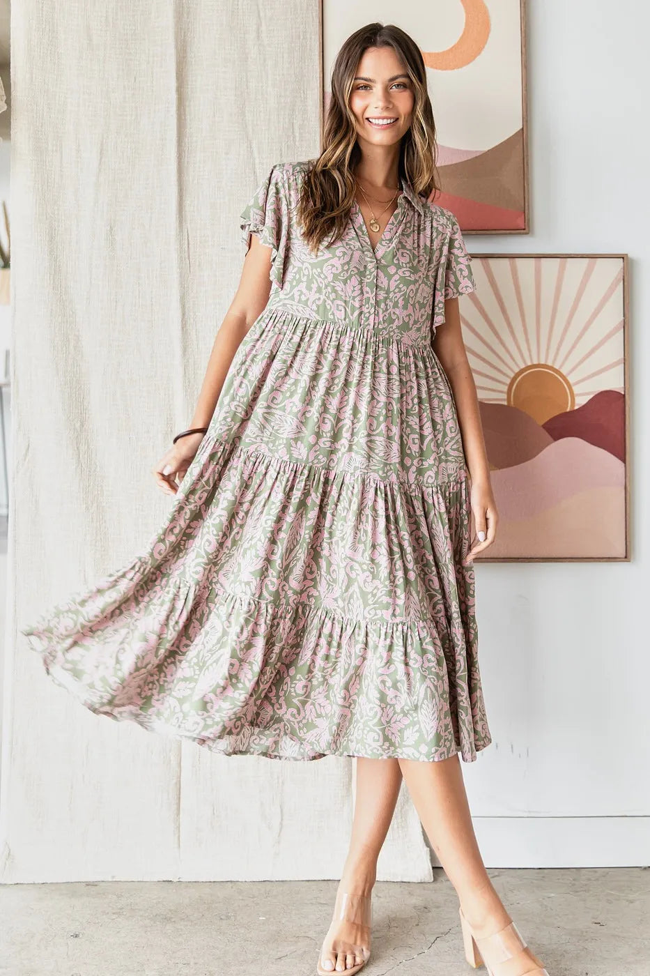 Image of Mittoshop Abstract Print Ruffle Tier Midi Dress | Queeble.shop